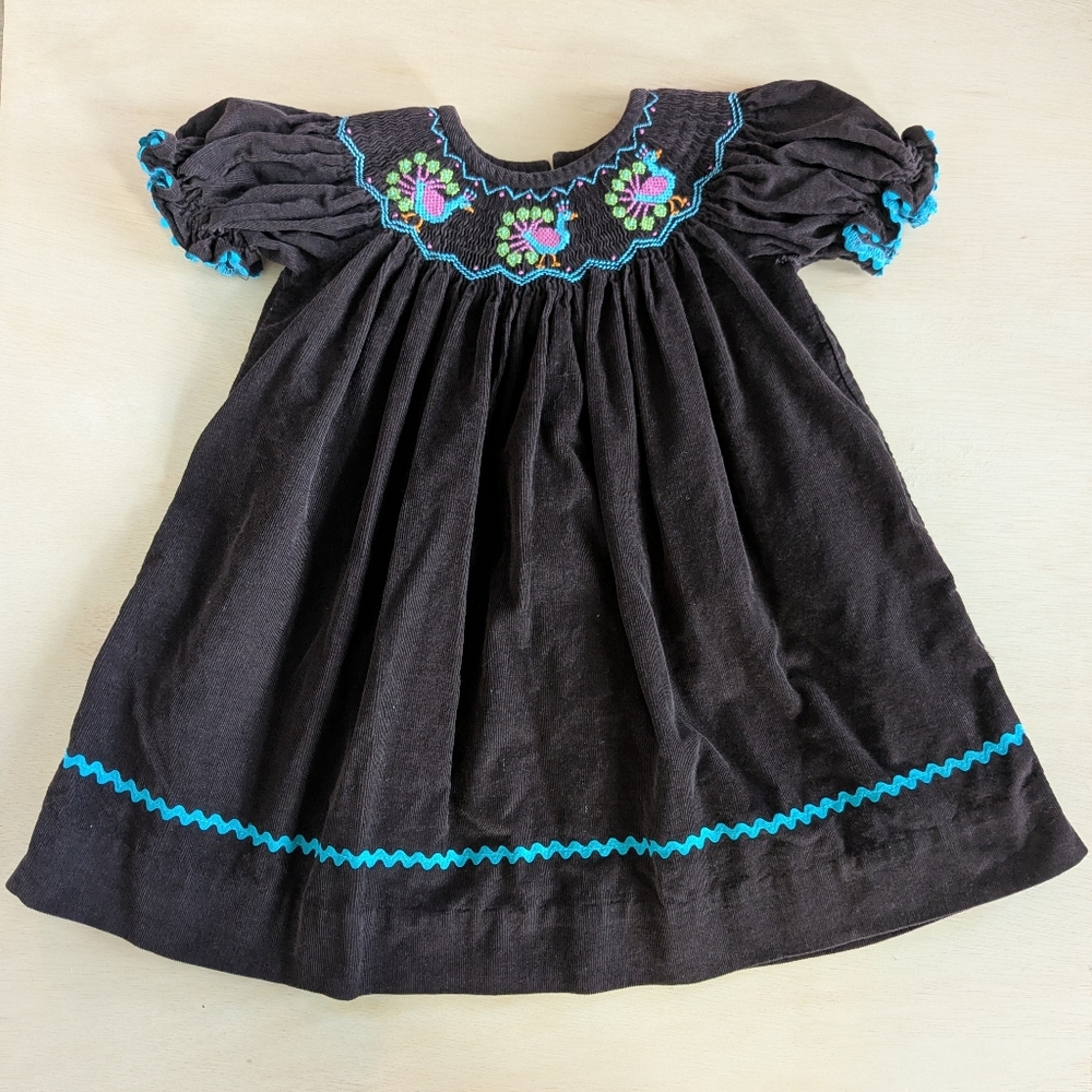 Shrimp & Grits Kids Brown Corduroy Smocked Peacock Embroidered Dress 18M